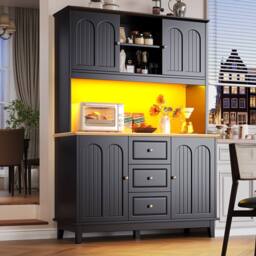 Rolipo Tall Black Kitchen Sideboard Cabinet with LED & 3 Drawers 120cm - thumbnail 4