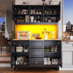Rolipo Tall Black Kitchen Sideboard Cabinet with LED & 3 Drawers 120cm - thumbnail 2