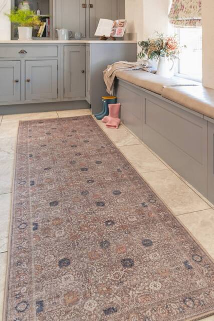 Kukoon Washable Runner Rug Grey Floral Long Hallway Carpet Mat 80cm x 300cm in Beige - Size: 80 cm x 300 cm