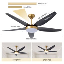 Garwarm 132cm 5 - Blade Reversible Ceiling Fan With LED Light & Remote Control in Black - thumbnail 2