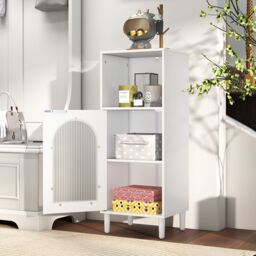 Costway Bathroom Floor Cabinet Wood Side Storage Organizer with Shelf in White - thumbnail 4