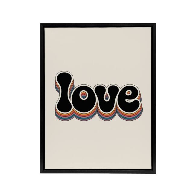 "Artery8 Love Funky Rainbow Retro Font Typography Word Framed Canvas Art Print in Beige - Size: W18"" x H24""" - image 1