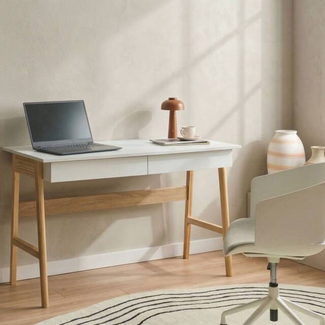 Wyld and Coco Two-Tone Desk 120 x 60 cm with 2 Drawers White and Pine - image 1