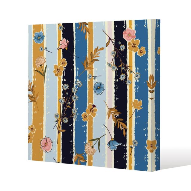 Benjamin Tate Design Beautiful meadow flowers on candy colorful brush stripe (Canvas Print) / 90 x 90 x 4cm in Natural - Size: 90 x 90 x 4 cm - image 1