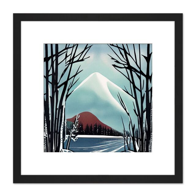 Artery8 Trees at Mount Fuji in Winter Snow Mountain Landscape Japan Style Painting Square Wooden Framed Wall Art Print Picture 8X8 Inch in Black - image 1