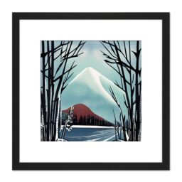 Artery8 Trees at Mount Fuji in Winter Snow Mountain Landscape Japan Style Painting Square Wooden Framed Wall Art Print Picture 8X8 Inch in Black - thumbnail 1