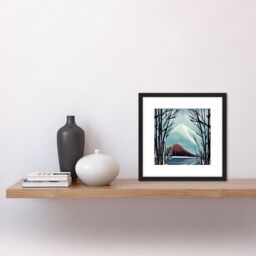 Artery8 Trees at Mount Fuji in Winter Snow Mountain Landscape Japan Style Painting Square Wooden Framed Wall Art Print Picture 8X8 Inch in Black - thumbnail 2
