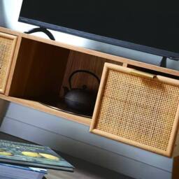 CALICOSY TV Stand With 2 Drawers & Rattan Fronts, 100 Cm Wide - MIYA in Light Brown - thumbnail 4