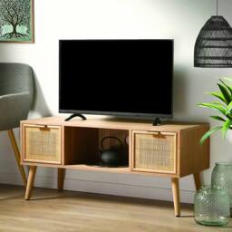 CALICOSY TV Stand With 2 Drawers & Rattan Fronts, 100 Cm Wide - MIYA in Light Brown - thumbnail 2