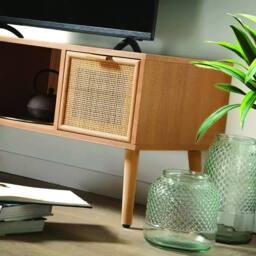 CALICOSY TV Stand With 2 Drawers & Rattan Fronts, 100 Cm Wide - MIYA in Light Brown - thumbnail 3