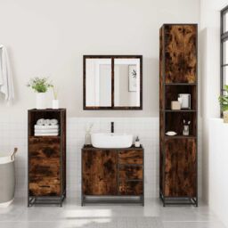 Berkfield Home 3 Piece Bathroom Furniture Set Smoked Oak Engineered Wood in Brown - thumbnail 3