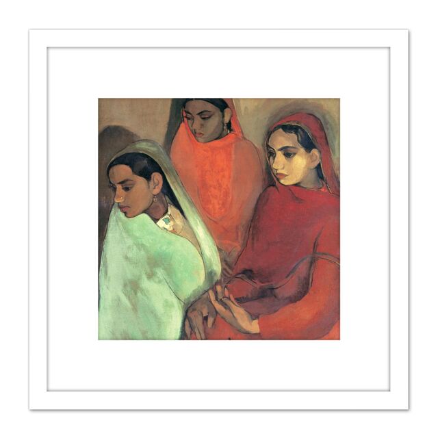 Artery8 Sher-gil Group Three Girls Painting 8X8 Inch Square Wooden Framed Wall Art Print Picture with Mount in White - image 1