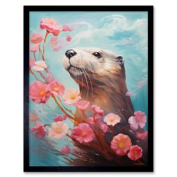 Artery8 Wall Art Print Otter with a Pink Cherry Blossom Branch Elegant Oil Painting Floating on Lake Water with Flowers Art Framed - thumbnail 1
