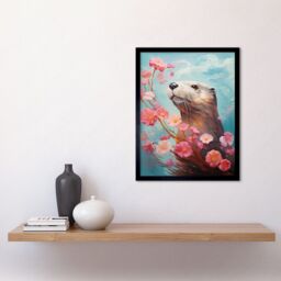 Artery8 Wall Art Print Otter with a Pink Cherry Blossom Branch Elegant Oil Painting Floating on Lake Water with Flowers Art Framed - thumbnail 2