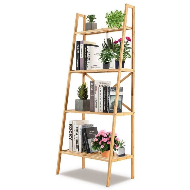 Costway 4Tier Ladder Shelf Bamboo Bookshelf Bookcase Storage Organizer Plant Stand in Natural - image 1