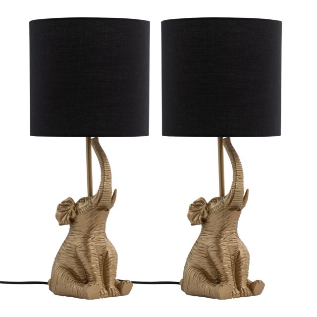 First Choice Lighting Set of 2 Elephant - Gold Resin Table Lamps With Black Fabric Shades - image 1