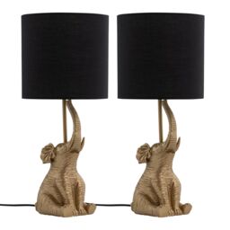 First Choice Lighting Set of 2 Elephant - Gold Resin Table Lamps With Black Fabric Shades