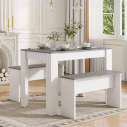 BTM Artificial Marble Dining Set with 2 Benches, Small Space in Grey - thumbnail 2