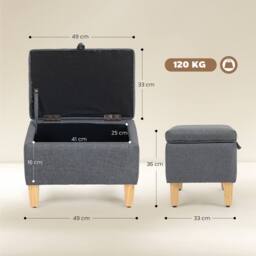 HOMCOM Linen Storage Ottoman Storage Box with Rubberwood Legs, Charcoal Grey in Dark Grey - thumbnail 3