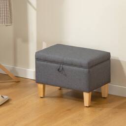 HOMCOM Linen Storage Ottoman Storage Box with Rubberwood Legs, Charcoal Grey in Dark Grey - thumbnail 1