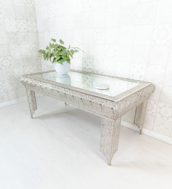 Downton Interiors Silver Embossed Metal Mirrored Glass Coffee Table - Agadir Range - Size: Large - image 1