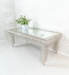 Downton Interiors Silver Embossed Metal Mirrored Glass Coffee Table - Agadir Range - Size: Large - thumbnail 1