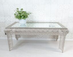Downton Interiors Silver Embossed Metal Mirrored Glass Coffee Table - Agadir Range - Size: Large - thumbnail 2