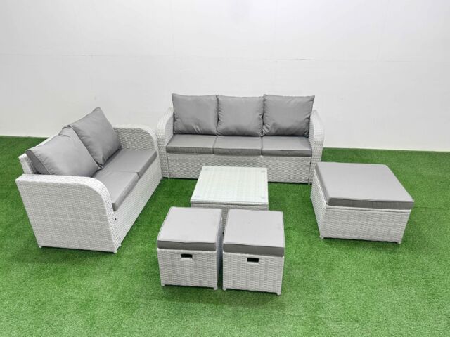 Fimous 8 Seater PE Rattan Wicker Garden Furniture Patio Conservatory Sofa Set with Square Coffee Table 3 Seater Sofa Love Sofa 3 Stool in Light Grey - image 1