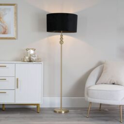 ValueLights Marissa Velvet Drum Shade with Brushed Gold Stacked Floor Lamp with LED Bulb in Black