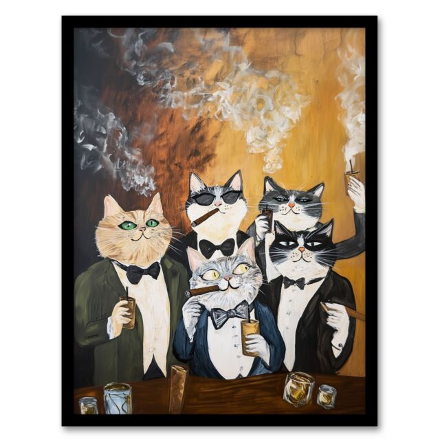 "Artery8 Tuxedo Cat Lover Drinking Smoking Bachelor Party Framed Art Print in Mustard - Size: W12"" x H16""" - image 1