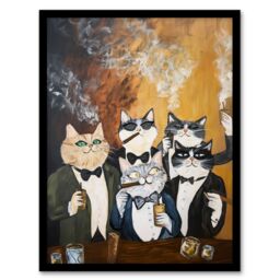 "Artery8 Tuxedo Cat Lover Drinking Smoking Bachelor Party Framed Art Print in Mustard - Size: W12"" x H16""" - thumbnail 1
