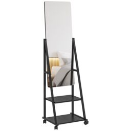 HOMCOM Movable Full Length Mirror Adjustable Full Body Mirror with 2 Shelves in Black - thumbnail 2