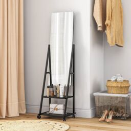 HOMCOM Movable Full Length Mirror Adjustable Full Body Mirror with 2 Shelves in Black - thumbnail 1