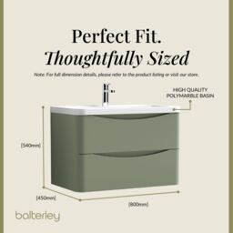 Balterley Wall Hung 2 Drawer Bathroom Vanity Unit & Basin, Satin Green, 755mm in Green - thumbnail 5