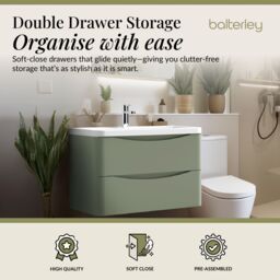 Balterley Wall Hung 2 Drawer Bathroom Vanity Unit & Basin, Satin Green, 755mm in Green - thumbnail 2
