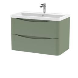 Balterley Wall Hung 2 Drawer Bathroom Vanity Unit & Basin, Satin Green, 755mm in Green - thumbnail 1