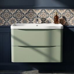 Balterley Wall Hung 2 Drawer Bathroom Vanity Unit & Basin, Satin Green, 755mm in Green - thumbnail 9