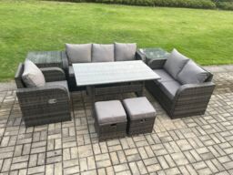 Fimous 8 Seater Garden Rattan Furniture Dining Table Sofa Set Indoor Outdoor with Reclining Chairs 2 Side Tables 2 Small Footstools Dark Grey Mixed - thumbnail 2