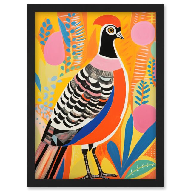 Artery8 Wall Art Print Pleasant Pheasant Bright Bold Vibrant Colourful Grassland Acrylic Painting Artwork Orange Pink Blue Folk Artwork Framed A4 - image 1