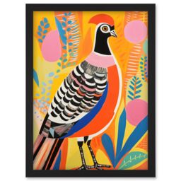 Artery8 Wall Art Print Pleasant Pheasant Bright Bold Vibrant Colourful Grassland Acrylic Painting Artwork Orange Pink Blue Folk Artwork Framed A4 - thumbnail 1