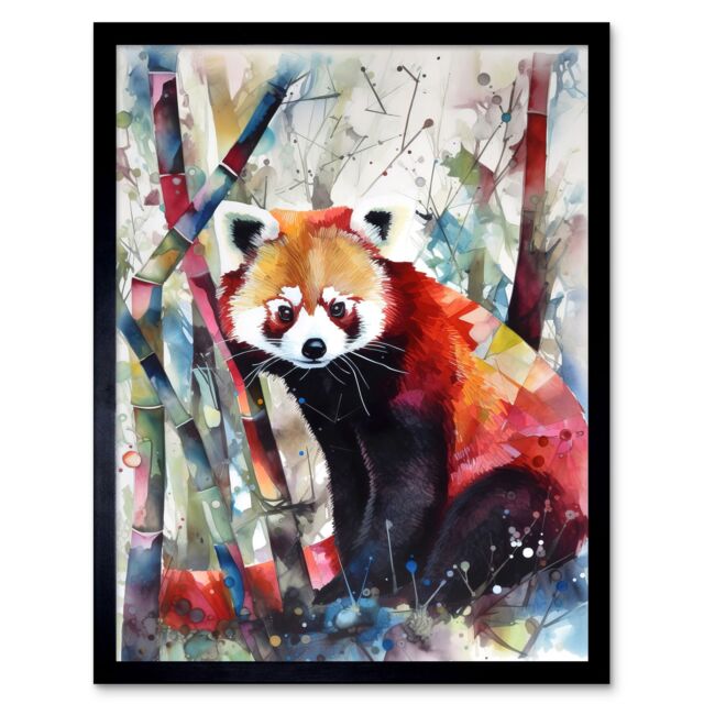 "Artery8 Wall Art Print Red Panda In Bamboo Forest Folk Art Framed in Black - Size: W12"" x H16""" - image 1