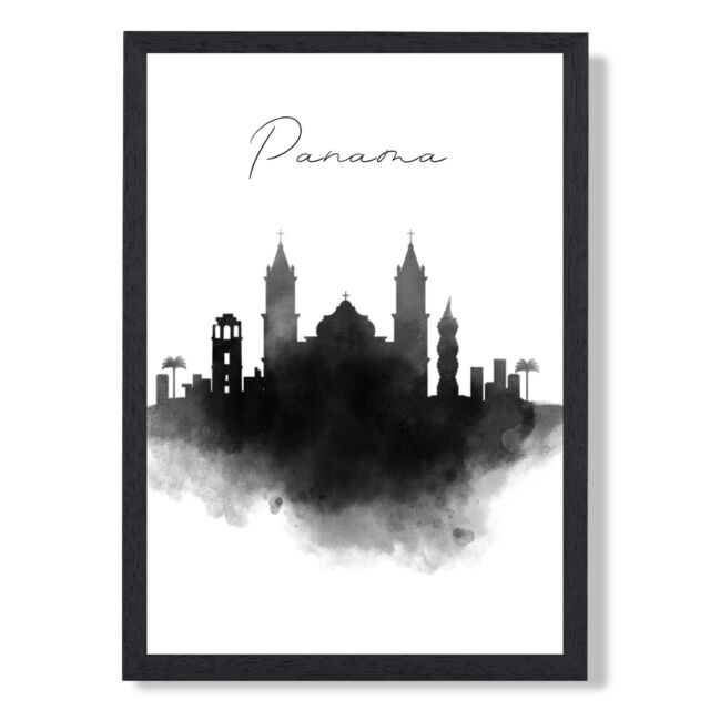 ARTZE Panama Watercolour Skyline City Framed Print SIZE: A4 with Black Frame - image 1