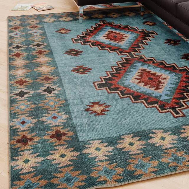 Kukoon Blue Geometric Soft Chenille Washable Living Room Area Rug in Pale Blue - Size: 120 cm x 170 cm - image 1