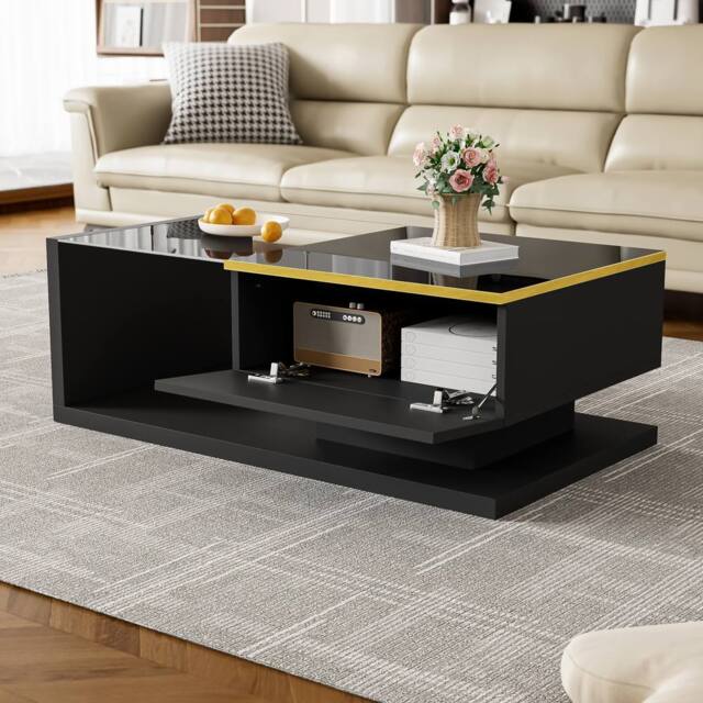 BTM 90cm Long High-Gloss Coffee Table with Glass Top & LED Effect in Black - image 1
