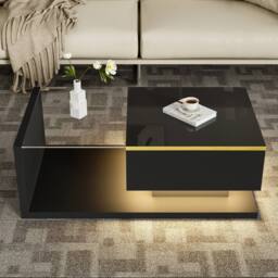 BTM 90cm Long High-Gloss Coffee Table with Glass Top & LED Effect in Black - thumbnail 4