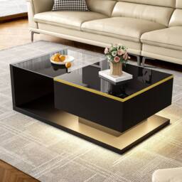 BTM 90cm Long High-Gloss Coffee Table with Glass Top & LED Effect in Black - thumbnail 2