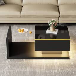 BTM 90cm Long High-Gloss Coffee Table with Glass Top & LED Effect in Black - thumbnail 5