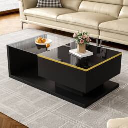 BTM 90cm Long High-Gloss Coffee Table with Glass Top & LED Effect in Black - thumbnail 3