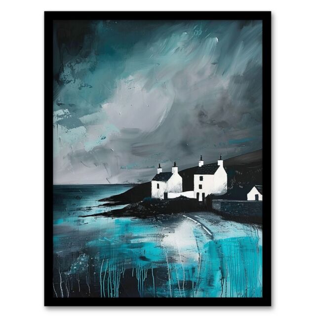 "Artery8 Coastal Cottages Oil Painting Grey Sky Scotland Framed Art Print - Size: W12"" x H16""" - image 1
