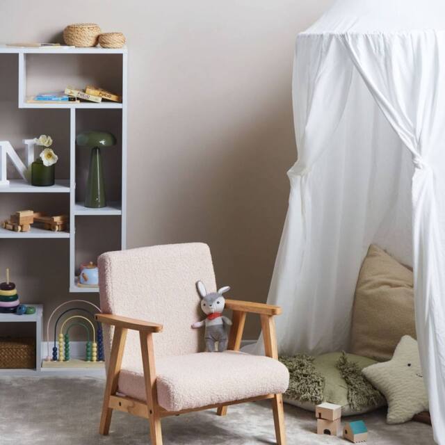 Wyld and Coco Kids Armchair Pastel Pink Bouclé with Wooden Legs - image 1